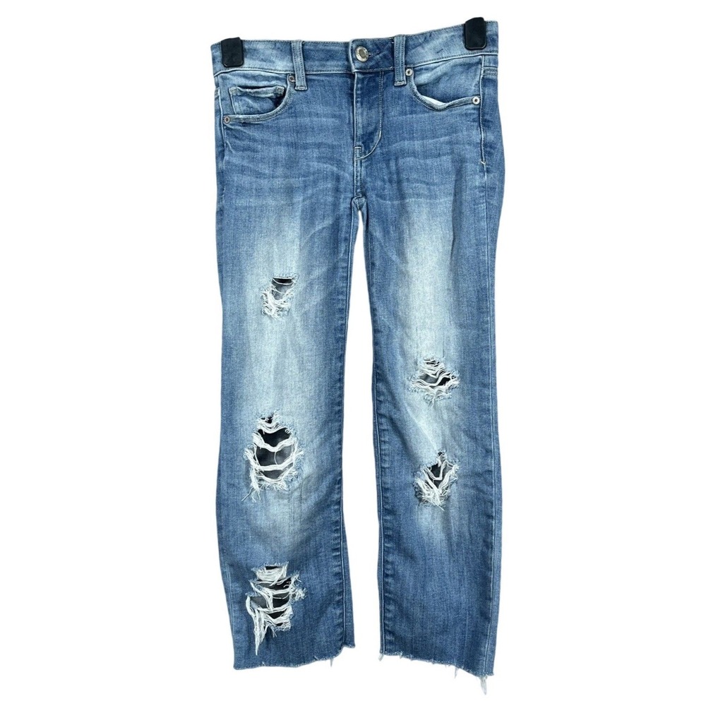 AMERICAN EAGLE Super Super Stretch BLUE Destroyed Denim WIDE LEG JEANS sz 00